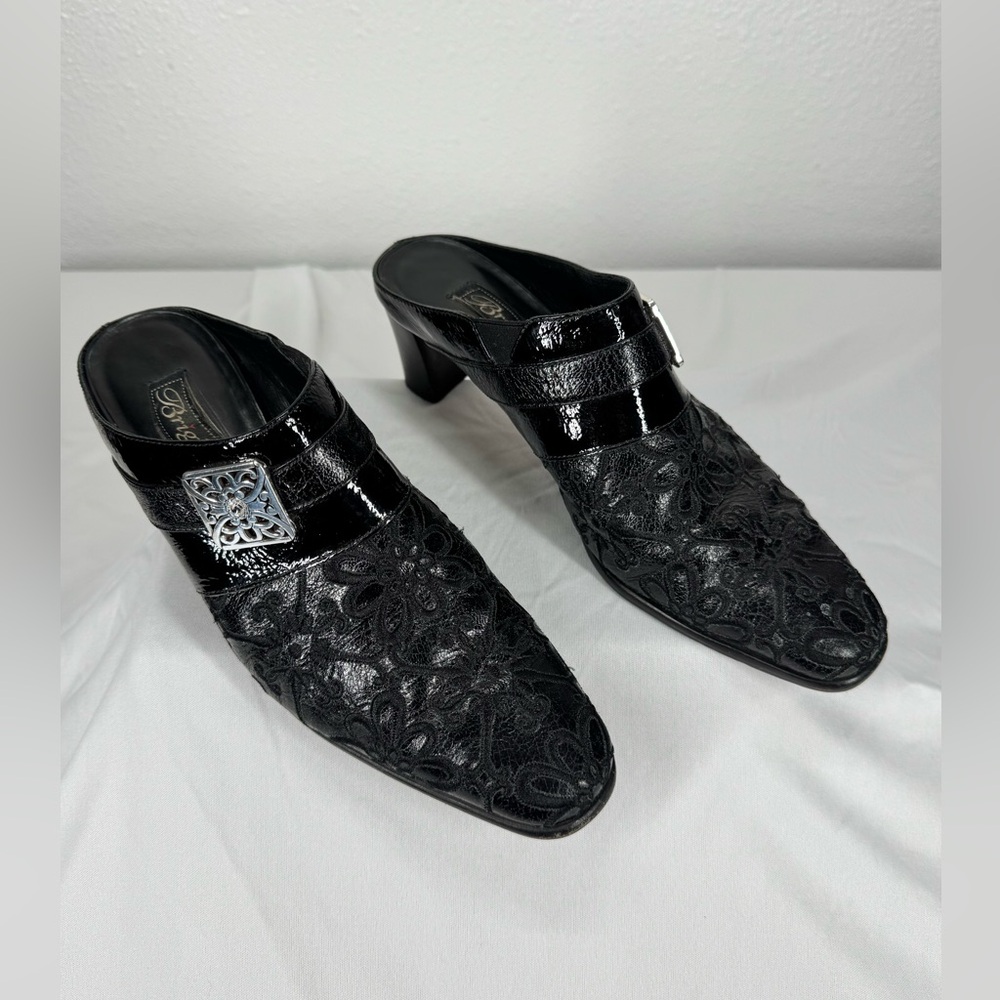 Brighton Tile Mule Slides Embroidered Floral Accents Black Leather 7M